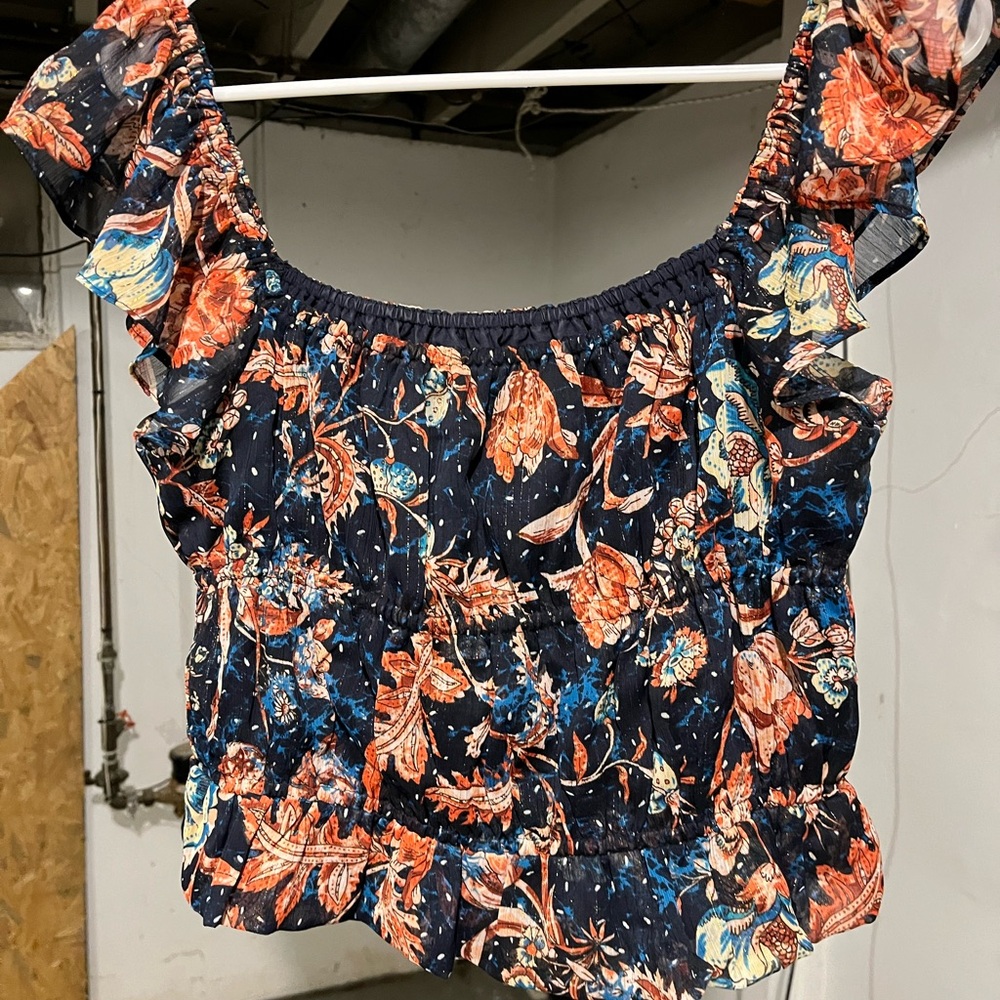 Express Smocked Navy Floral Ruffle Cropped Blouse